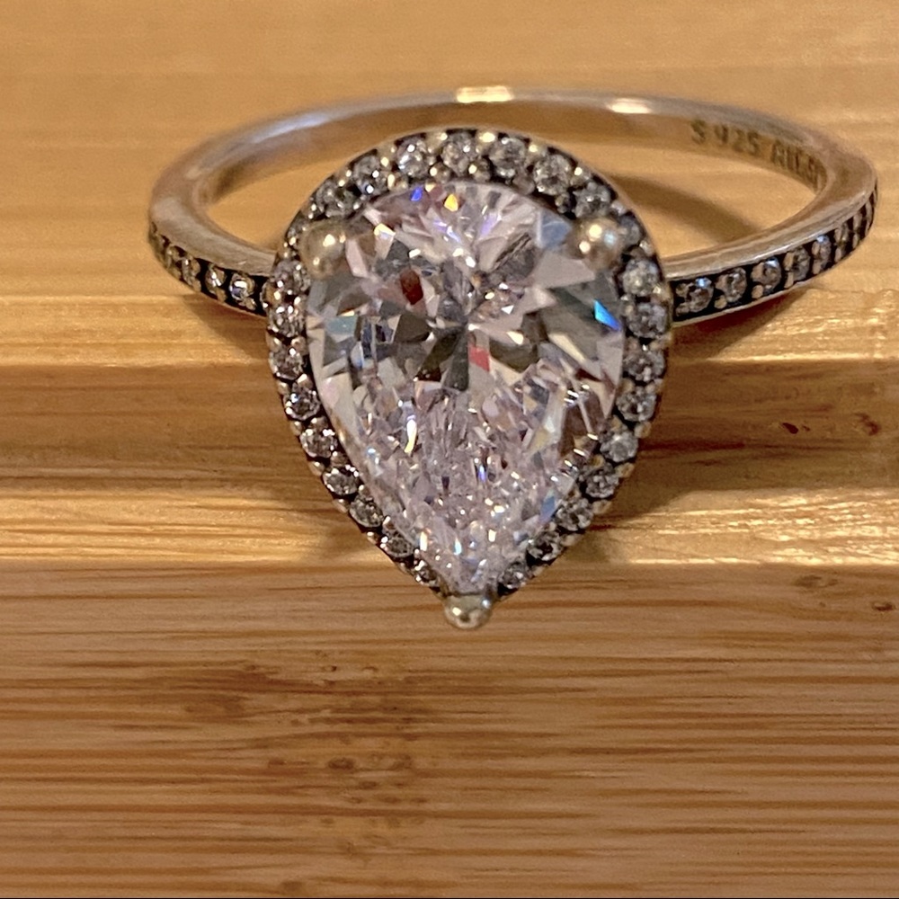 Pandora Tear Drop Halo Ring, Size 9